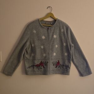 Gray Women's Sweater with Snowflake and Cardinal Design